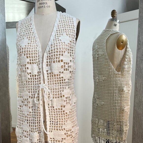 Crochet Vest  with front tie- Ivory Color - Handmade - Size Medium - Picture 1 of 8